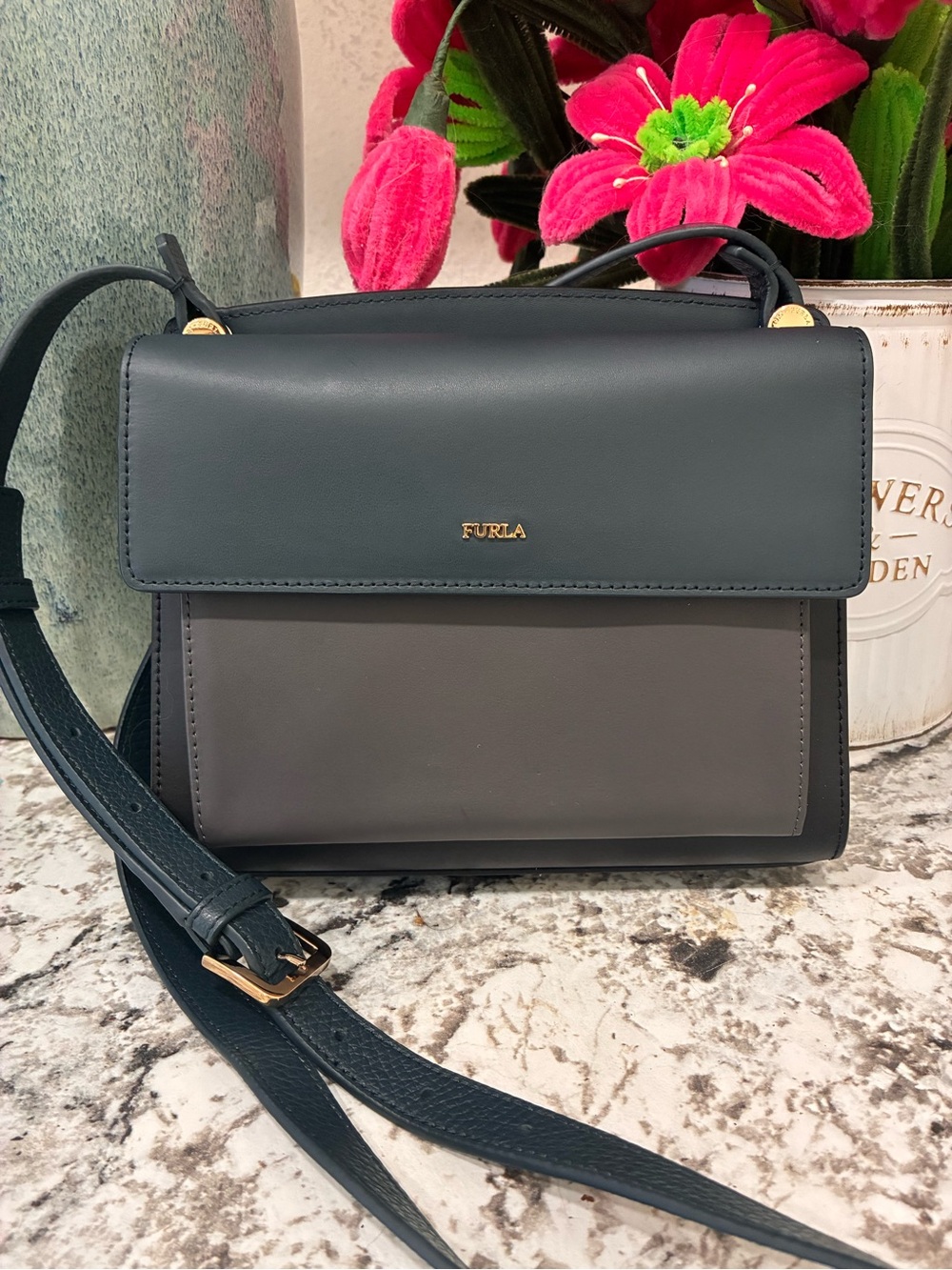 Furla Two-Tone Leather Crossbody in Teal and Gray